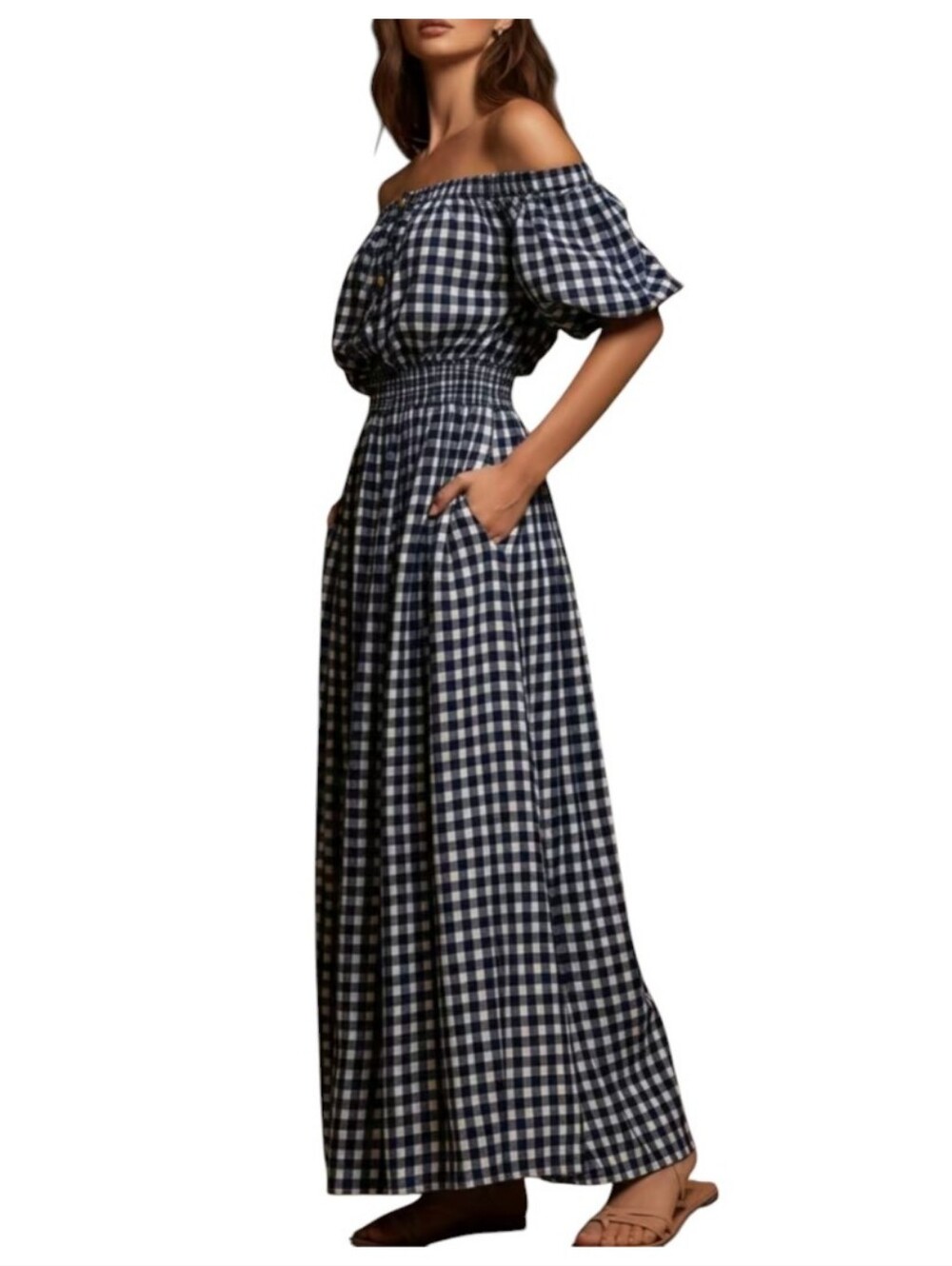 New Off-Shoulder Black & White Gingham Maxi Dress M/L